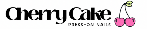 Logo for Cherry Cake press-on nails with text and a cherry icon.
